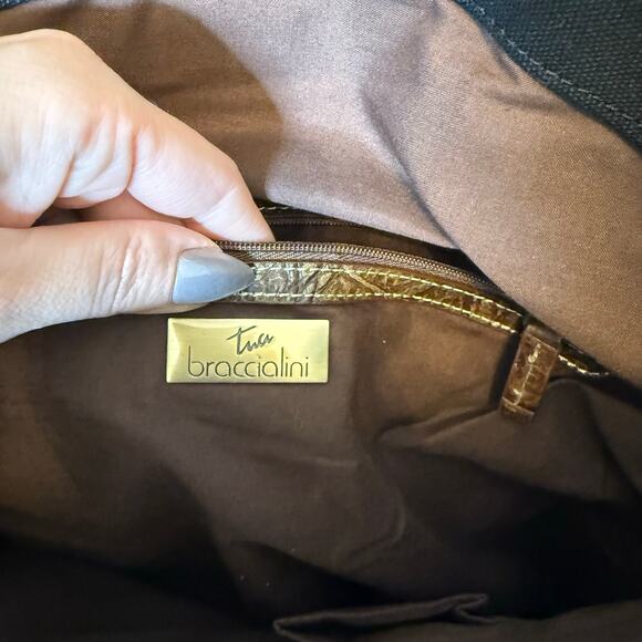 Braccialini Tua Canvas Beaded Studded Black Tote Embellished Leather Detail - Picture 9 of 10